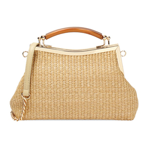 Mini bag donna beige in raffia a trapezio