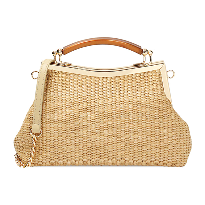 Mini bag donna beige in raffia a trapezio