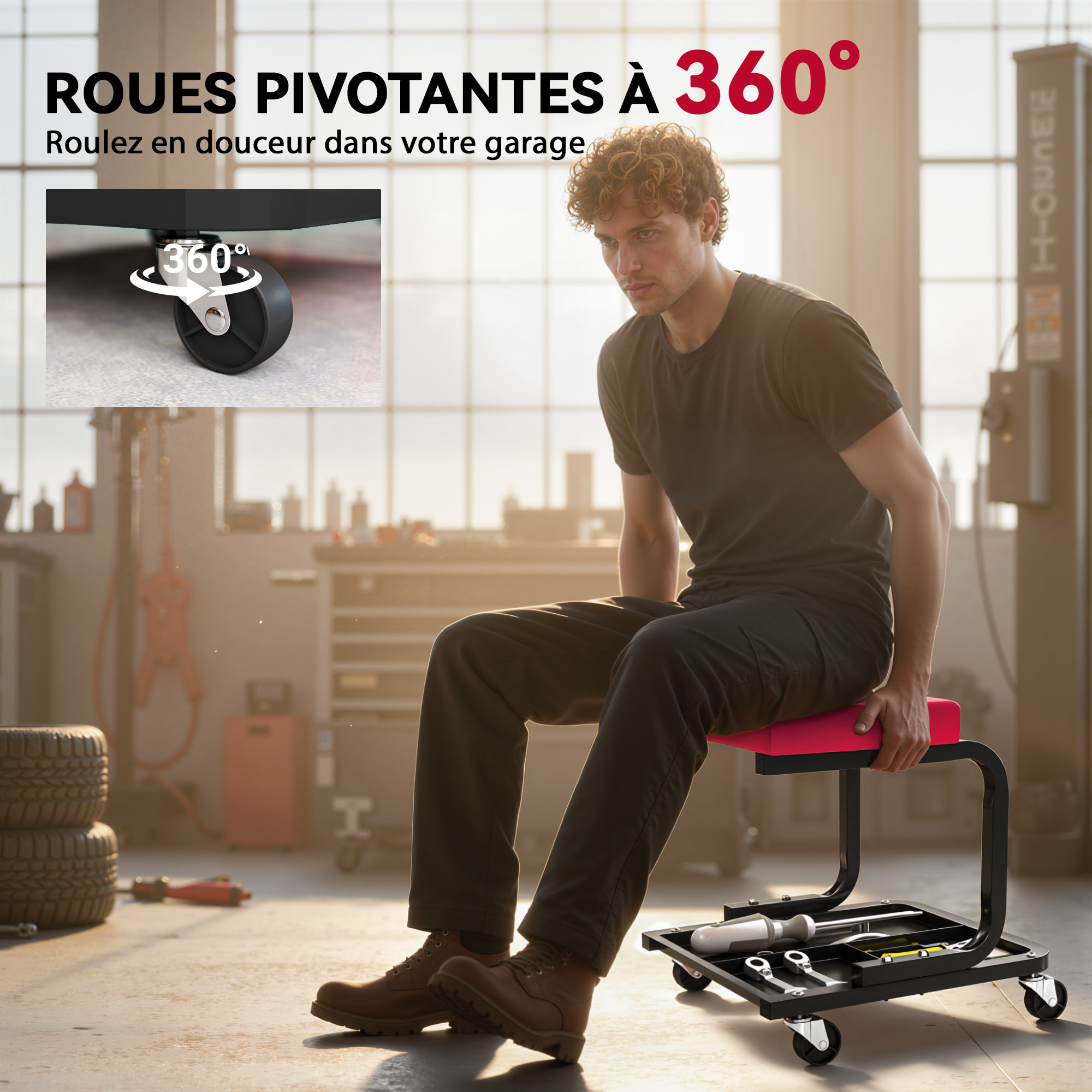 Tabouret d'atelier mobile - tabouret de mécanicien - plateau outils - acier noir synthétique rouge