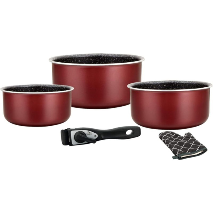 Batterie de cuisine revêtement pierre avec manche amovible 5 pièces bordeau Herzberg HG8051-BR