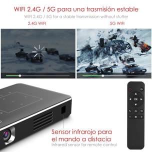 DAM Mini video proyector LED portátil P10-II, DLP. Android 9.0, WiFi, panel táctil. Batería recargable. Duplicación pantalla. Netflix, Youtube, etc. 16x9,8x2,8 Cm. Color: Negro