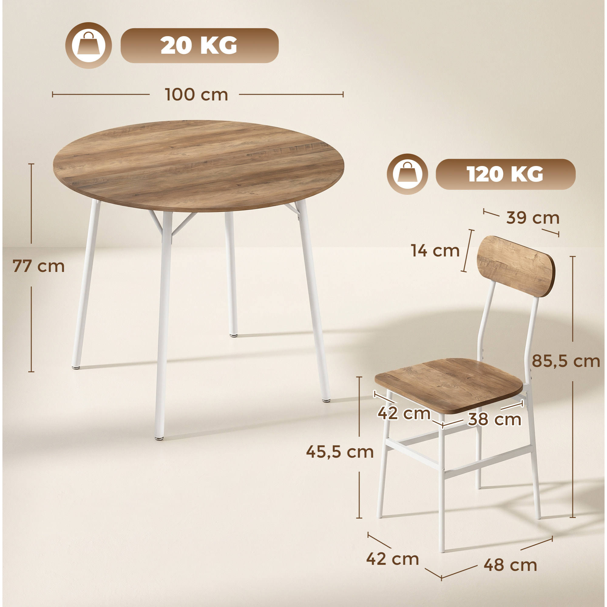 Juego de Mesa y Sillas de Comedor Compact 5 Piezas, Mesa de Cocina Redonda con 4 Sillas, Estilo Industrial, Marco Metálico, para Espacios Pequeños, Salón, Mesa Ø100x77 cm, Natural y Blanco