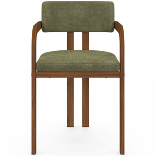 Chaises Elsa avec accoudoirs tissu chenille vert pieds effet noyer - lot de 4