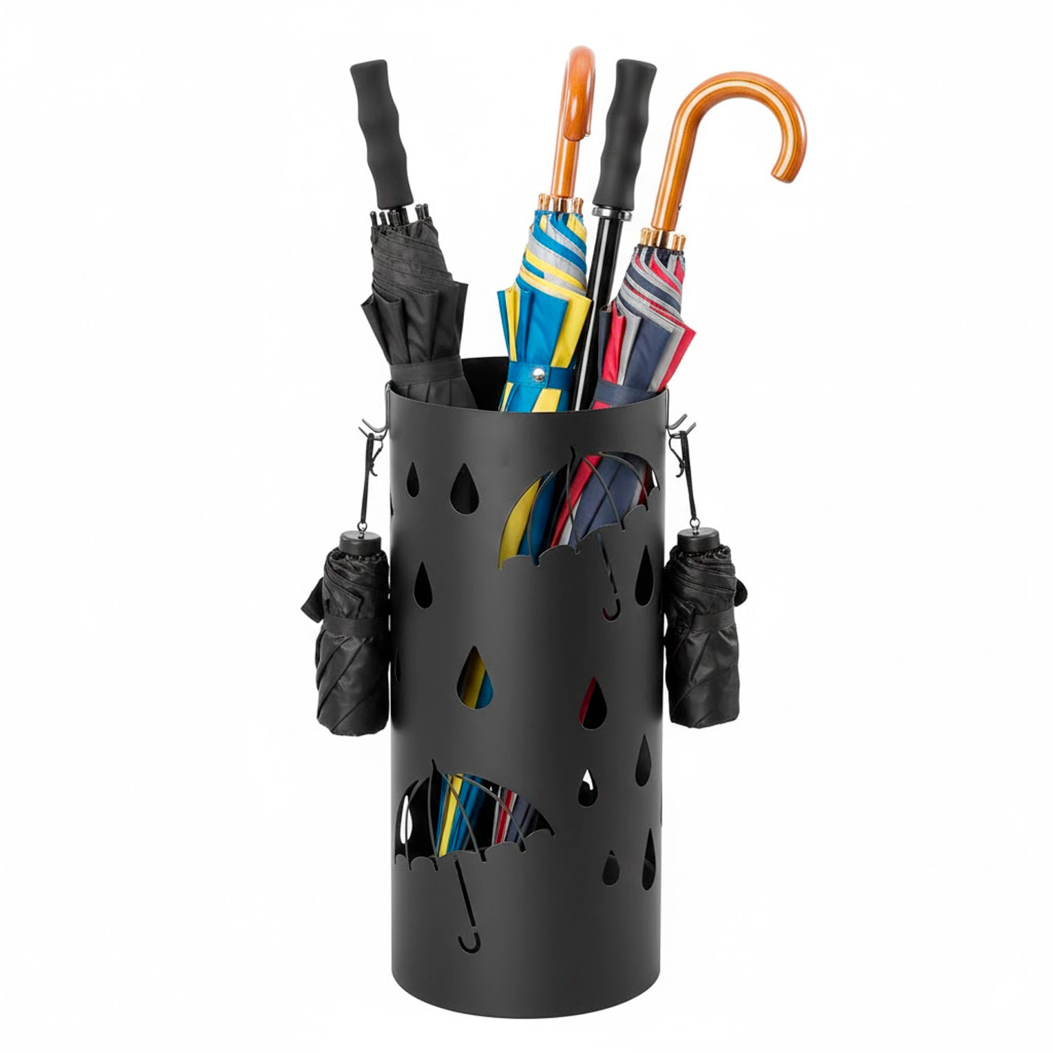 Portaombrelli Rotondo In Acciaio Zincato Con Vaschetta Scolapioggia E 4 Ganci Removibili Base Antiscivolo Design Moderno Ingresso 41 x 17 Cm Nero