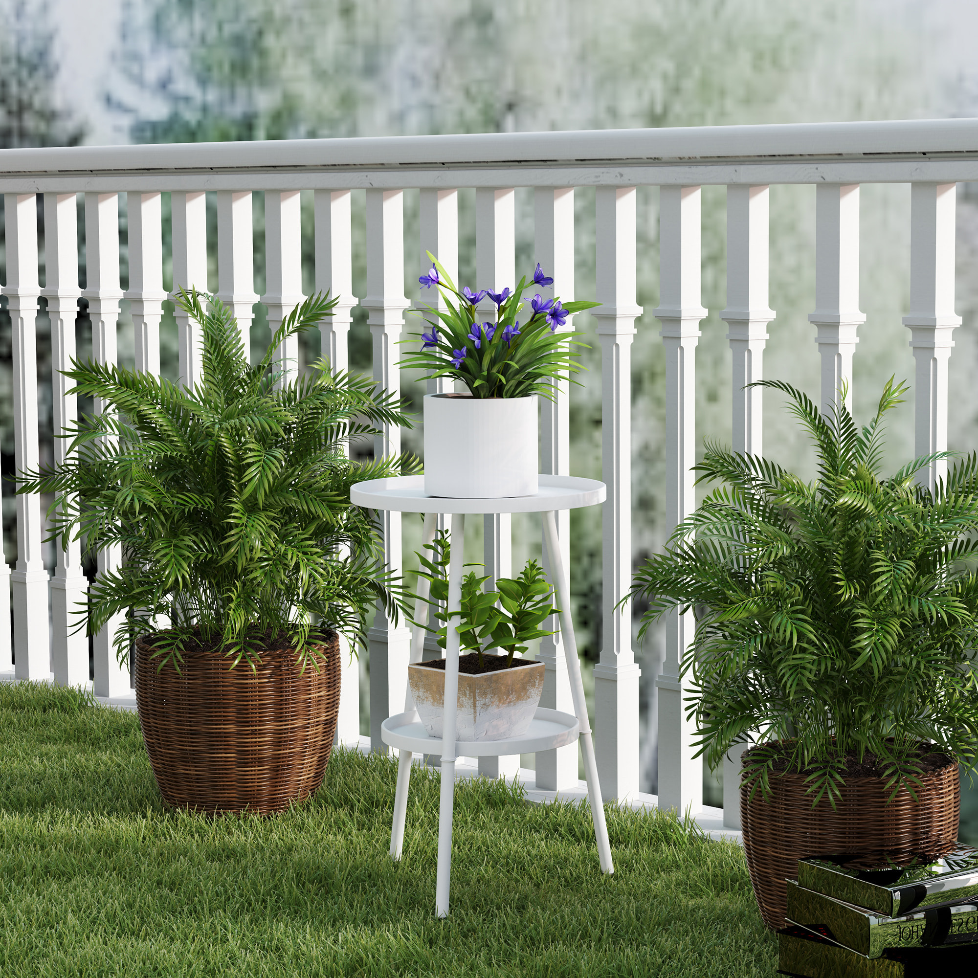 Mesa de Jardín Redonda de 2 Niveles Mesa de Terraza Exterior Ø32x51 cm con Bandeja Inferior y Estructura de Metal para Exterior e Interior Blanco
