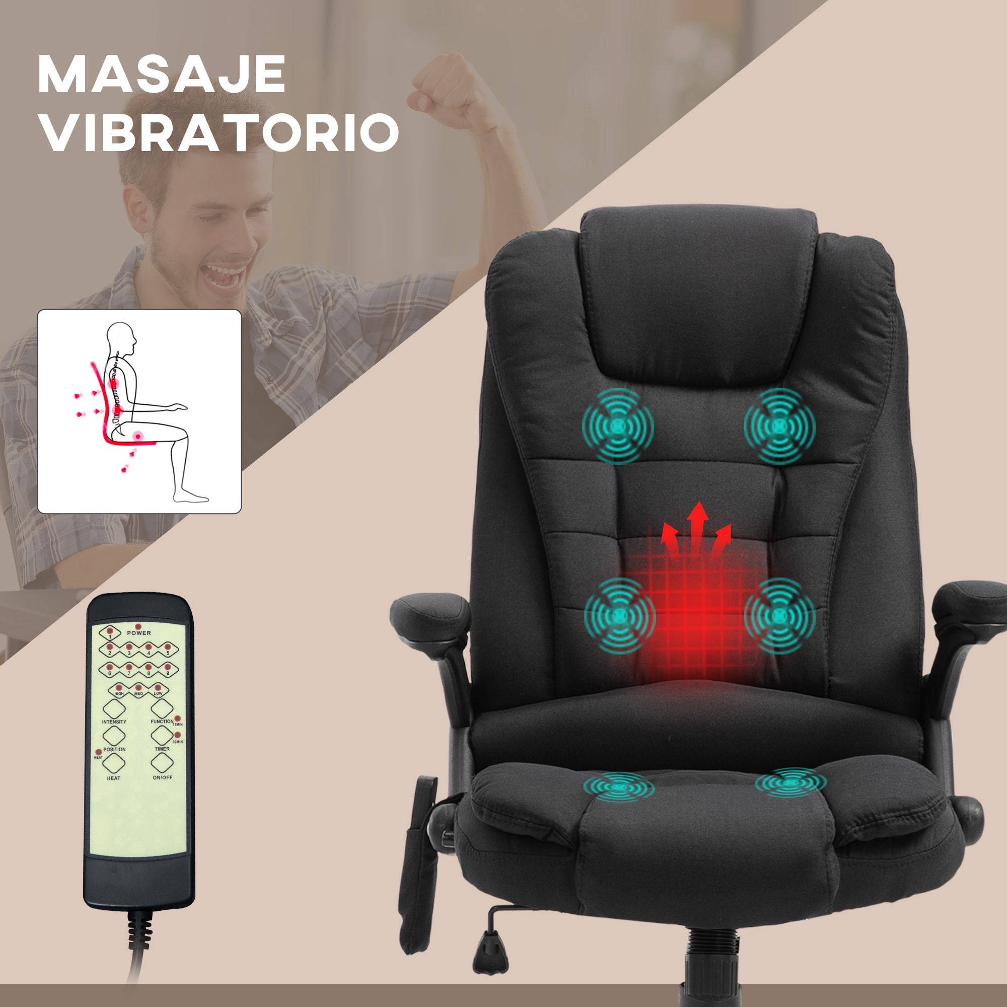 Silla de Masaje con 6 Puntos de Masaje Silla de Escritorio Reclinable hasta 130° con Función de Calefacción Altura Ajustable y Ruedas para Estudio 68x72x110-120 cm Negro