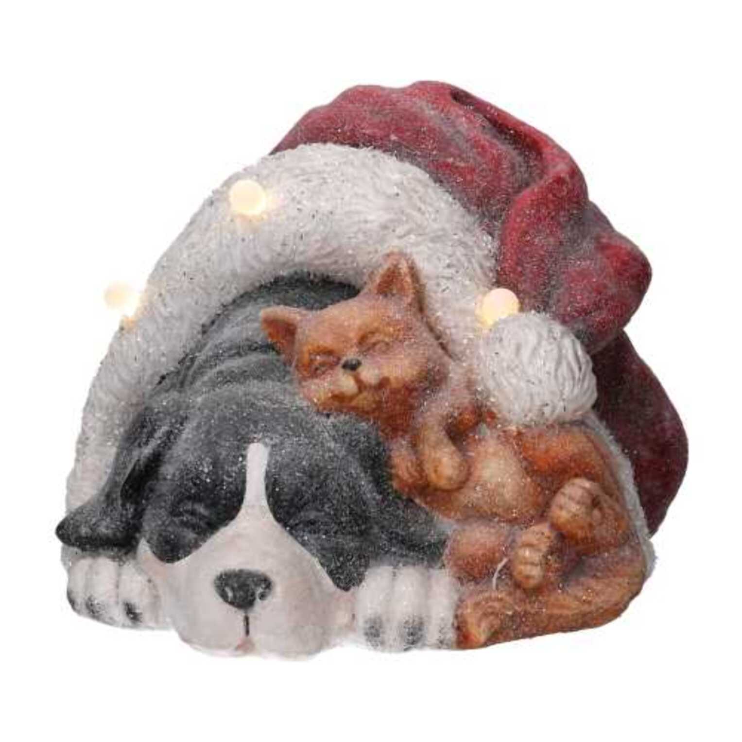 Cane in resina nero con gatto, cappello e led cm35x34h24,6