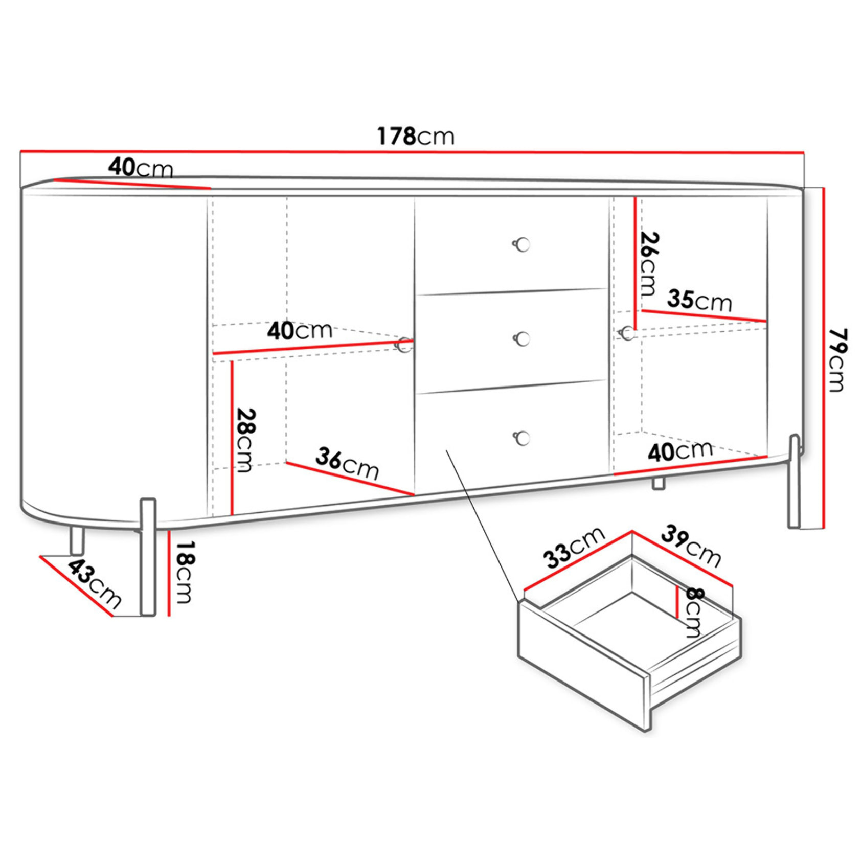 Jaime - buffet bas 178 cm - 3 tiroirs, 2 portes et 2 étagères - Beige