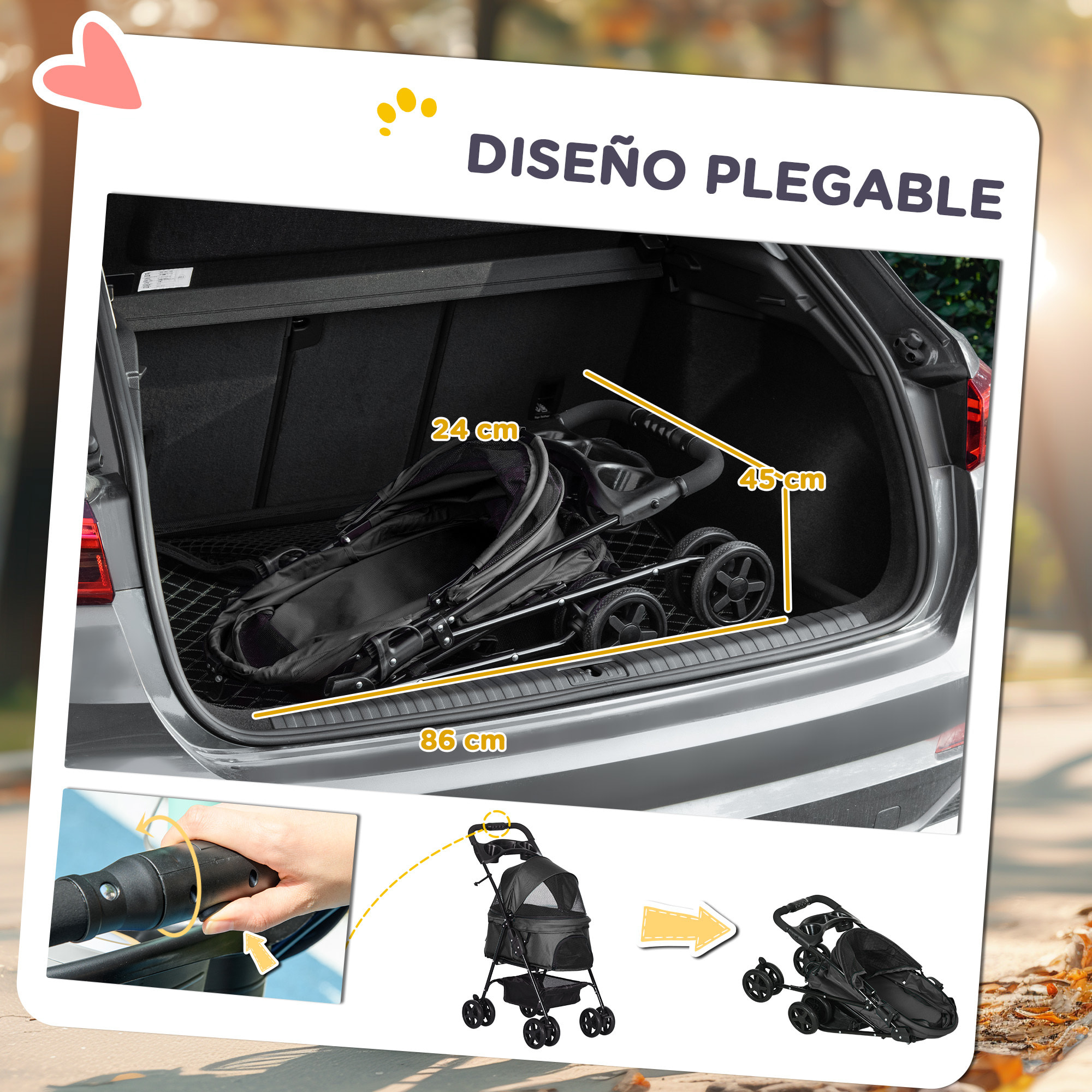 Cochecito para Perros Plegable Carrito para Perros Pequeños con Ruedas Universales Cesta de Almacenaje Correas de Seguridad y Ventanas 67x45x96 cm Negro