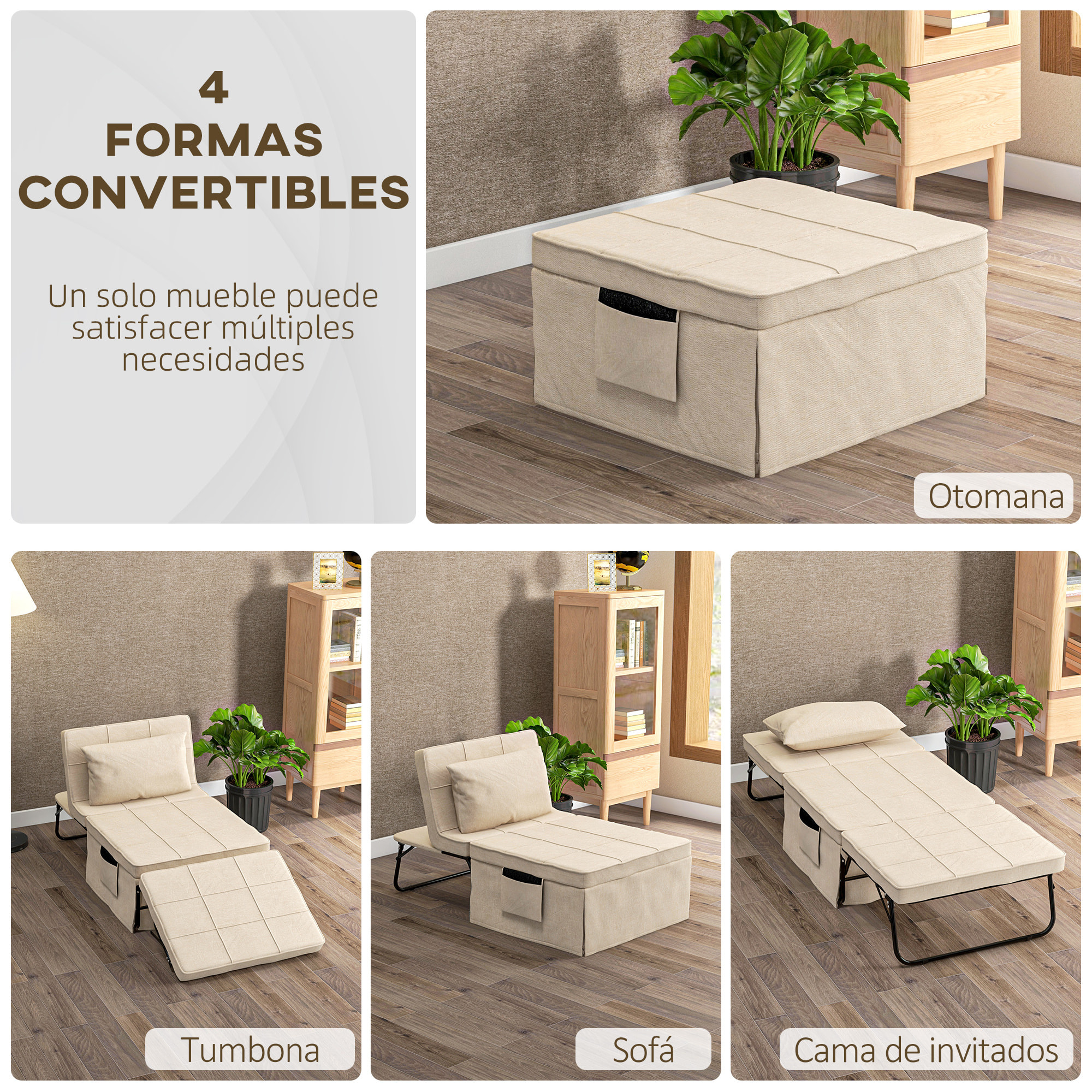 Sofá Cama de 1 Plaza 4 en 1, Sillón Cama Plegable, Otomana, Tapizado en Lino, con Respaldo Ajustable de 5 Niveles, Almohada Acolchada, para Oficina, Dormitorio, Salón, 75x80x74 cm, Crema