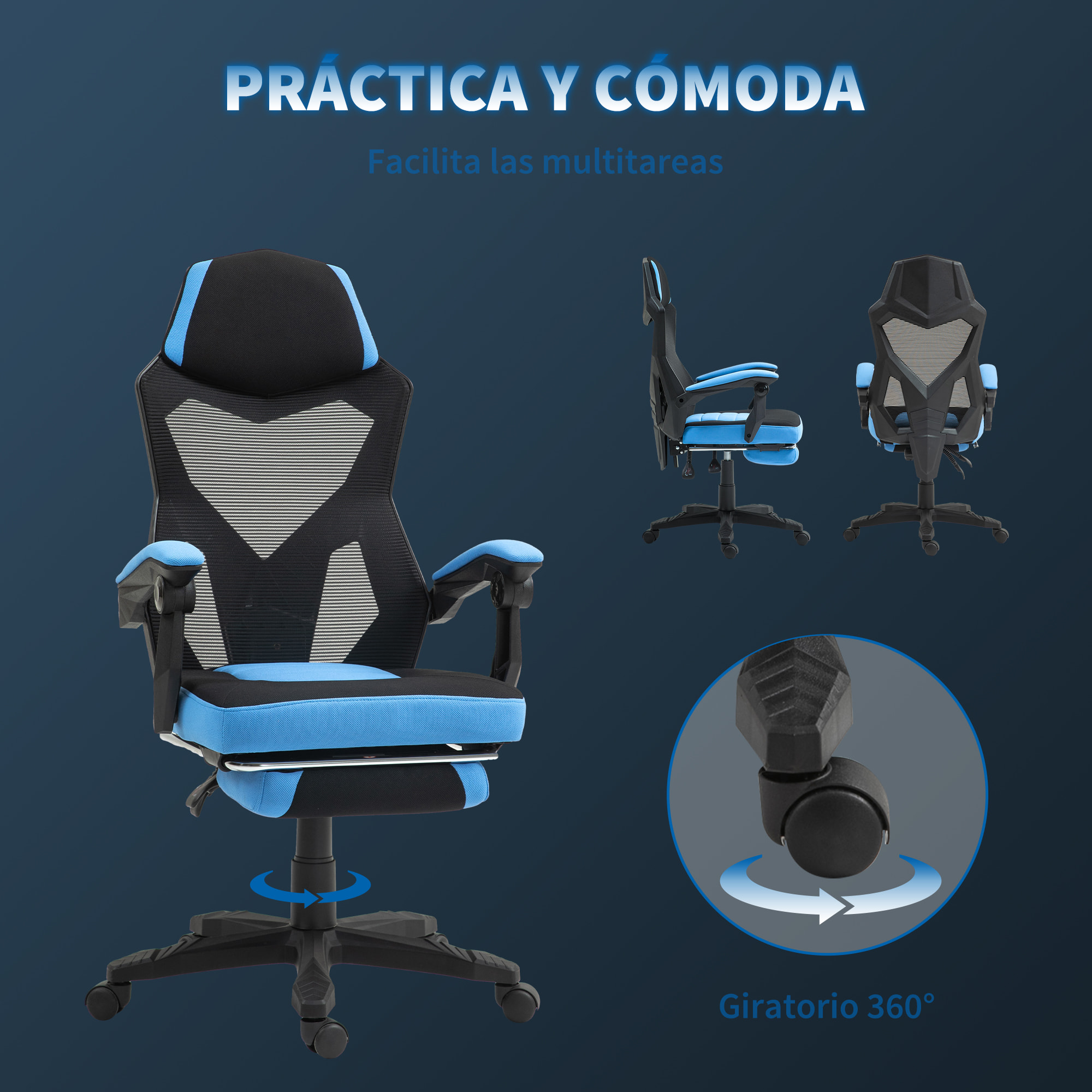 Silla Gaming Giratoria de Malla, Silla Gamer con Reposapiés Retráctil, Respaldo Reclinable y Alto, Altura Ajustable, Reposabrazos Acolchados, Azul
