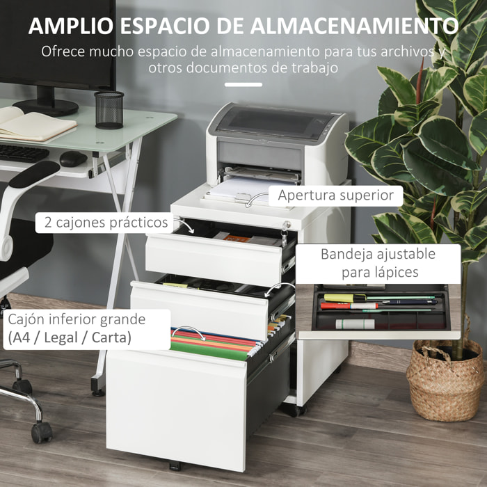 Cajonera de Oficina Mueble Archivador de Acero con 4 Ruedas 3 Cajones Cerradura y 2 Llaves para Tamaño A4 Carta para Estudio Salón 39x48x60 cm Blanco