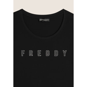 T-shirt scollo tondo con logo glitter