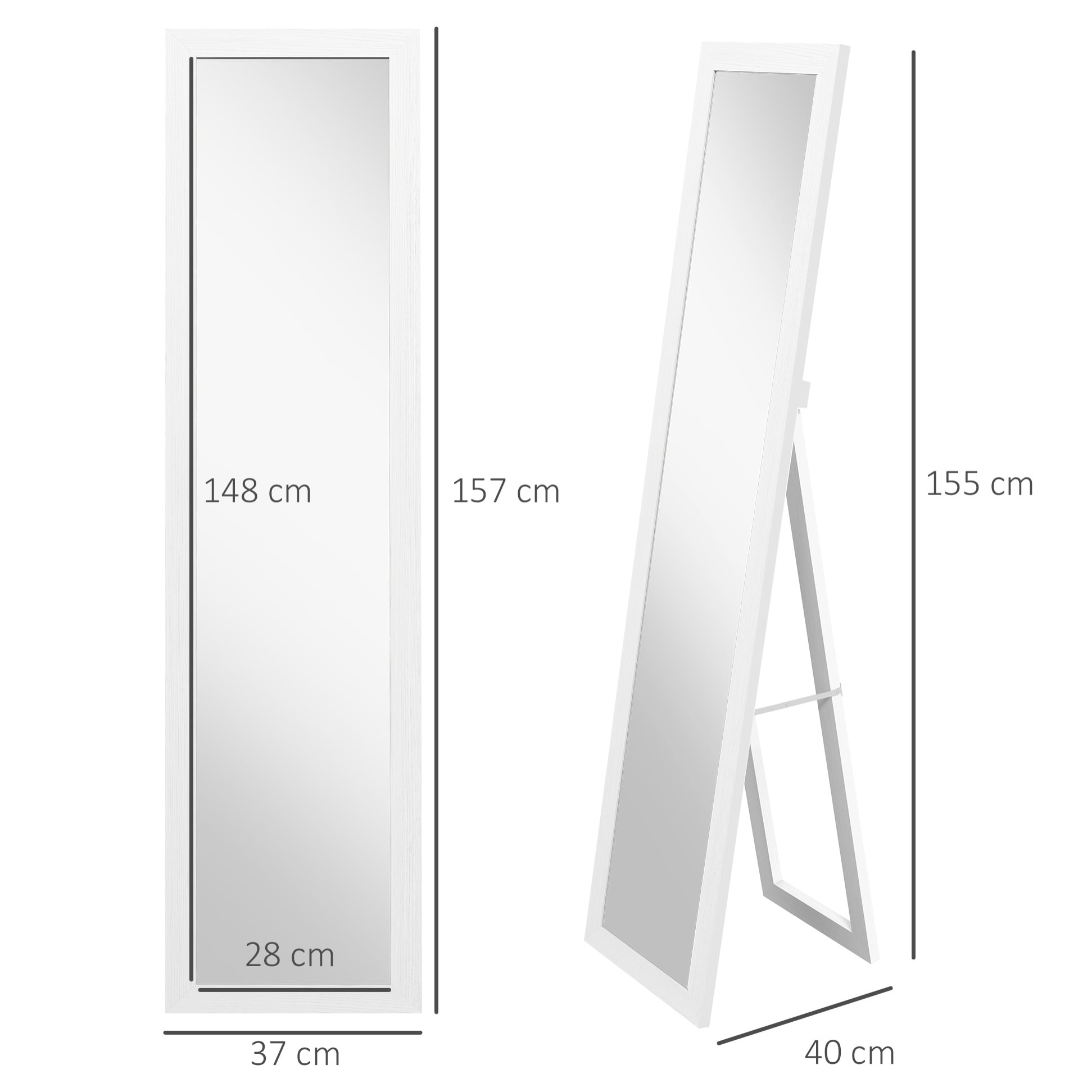 Espejo de Cuerpo Entero 37x157 cm Espejo de Pie Espejo de Pared Forma Rectangular con Marco de Madera Decorativo para Salón Dormitorio Pasillo Blanco