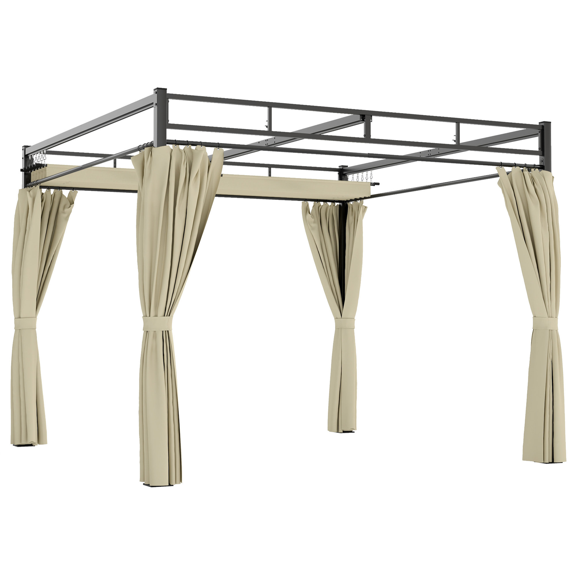 Pérgola de Jardín 3x3 m con Techo Retráctil y 4 Cortinas, Cenador de Jardín con Protección UV30+, Impermeable, Estructura Metálica, Pabellón para Patio, Terraza, Exterior, Beige