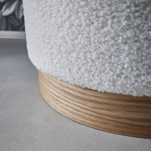 Tabouret scandinave rond en bouclettes blanches structure bois de sapin Ø40 x H 45cm