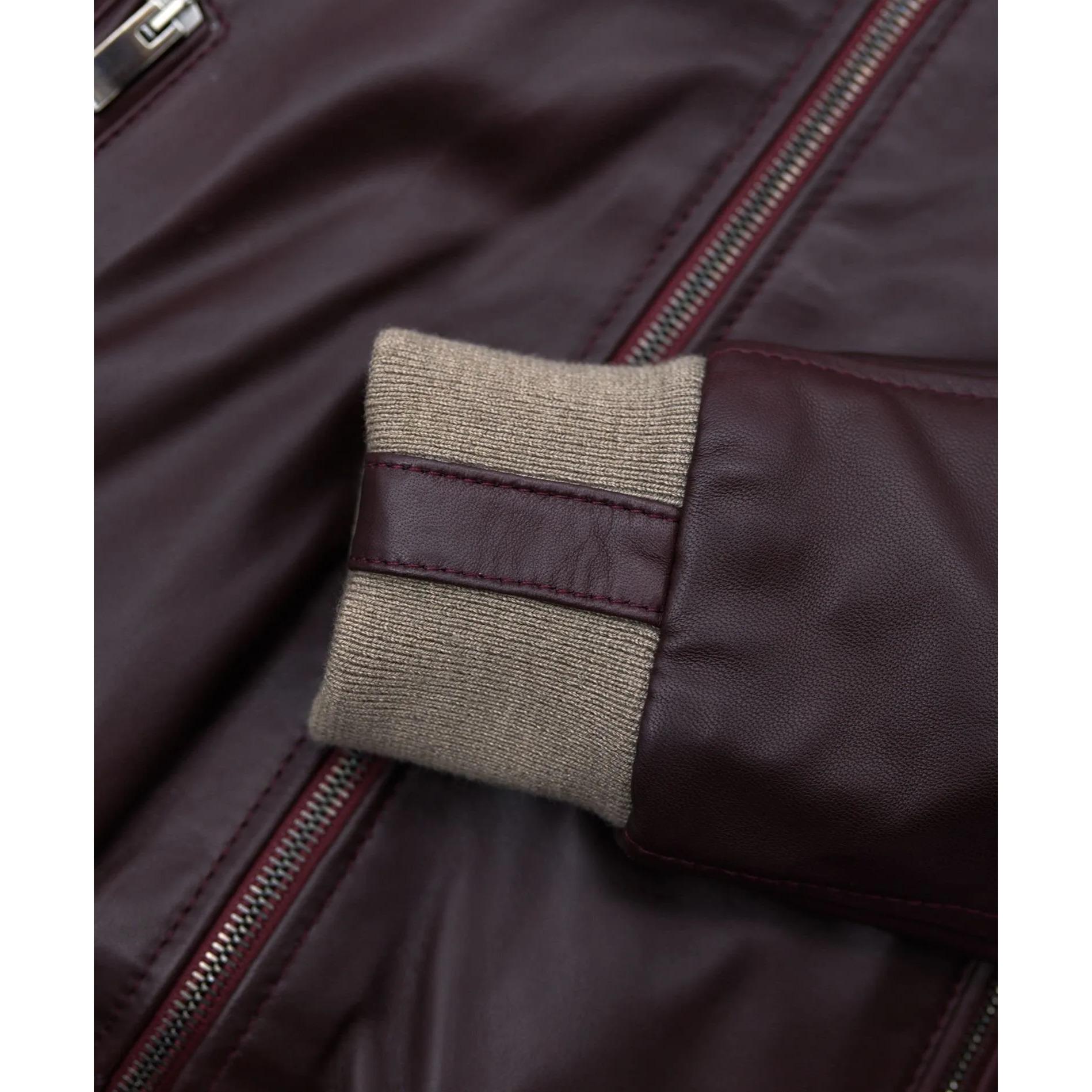 Bomber in pelle naturale bordeaux collo in lana merino