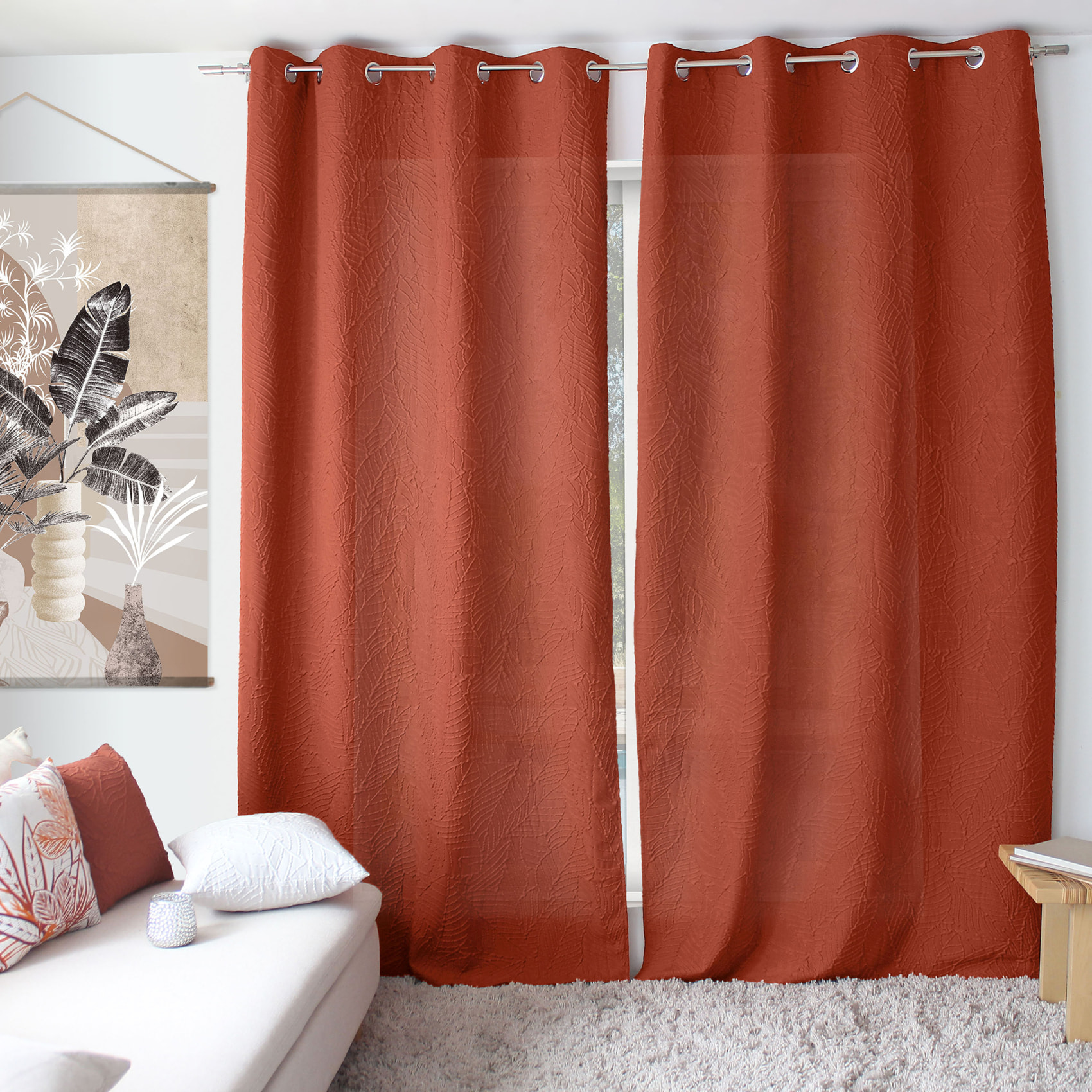 Rideau à oeillets feuillage aspect gaufré - Terracotta