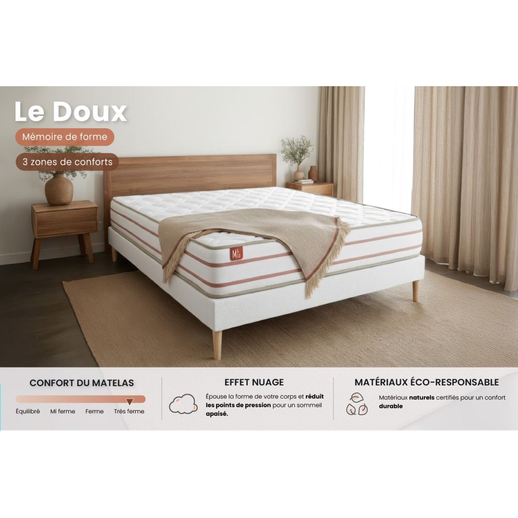 Ensemble Matelas Le Doux - 24cm - Mémoire de forme - Zéro transfert de mouvement - Sommier Tapissier Beige
