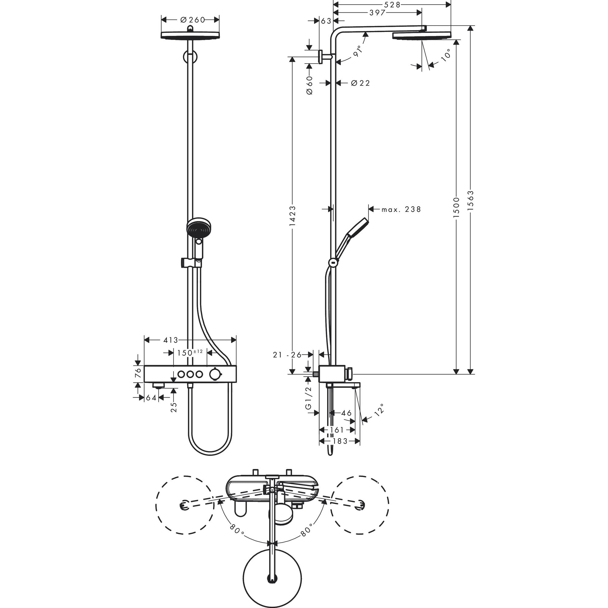 Colonne de douche 260 Pulsify S avec mitigeur thermostatique de baignoire ShowerTablet Select 400 chromé
