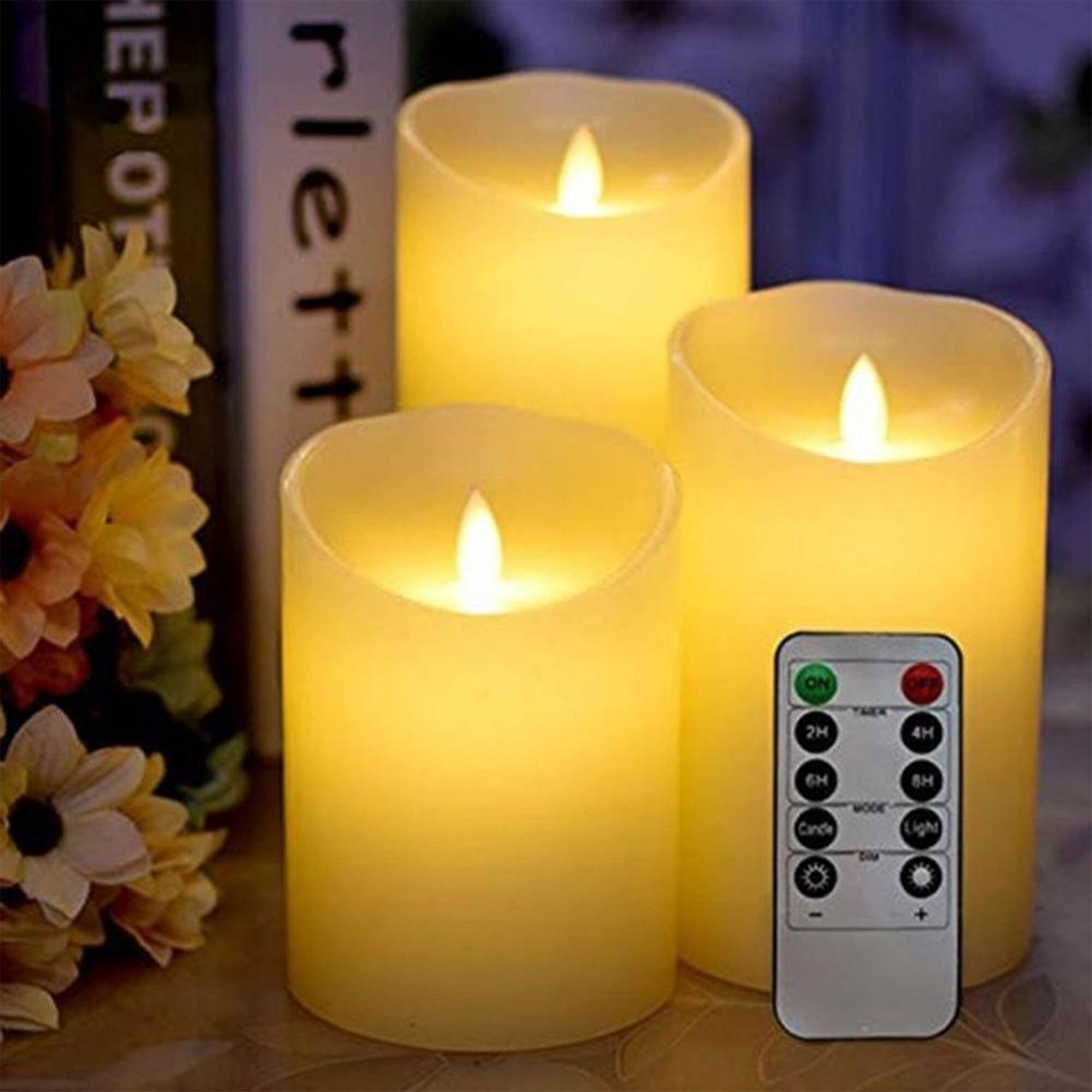 juego de 3 velas led con efecto cera y llama oscilante con mando a distancia