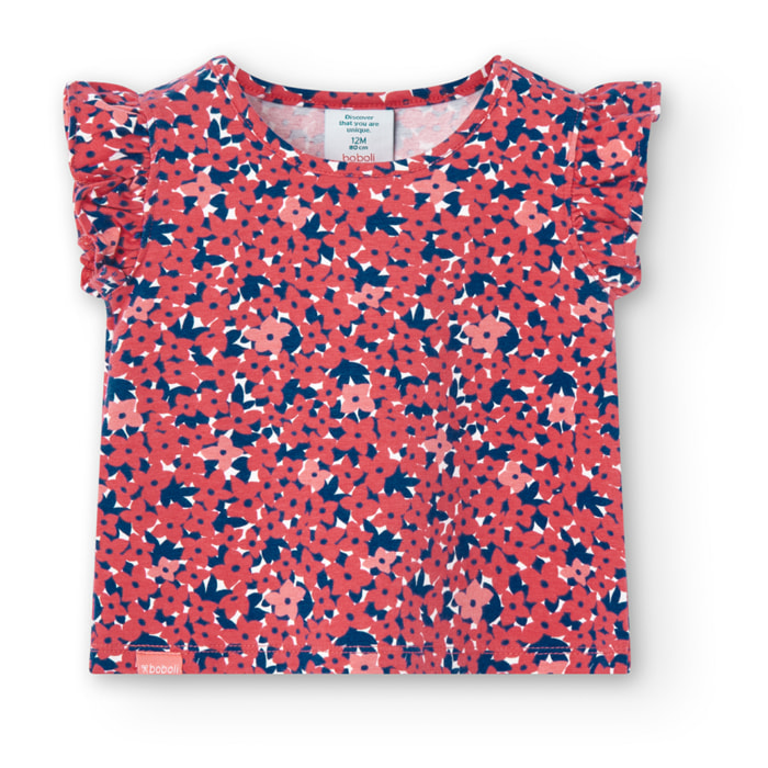 Camiseta niÃ±a, algodÃ³n estampada, flores, rosa, mangas