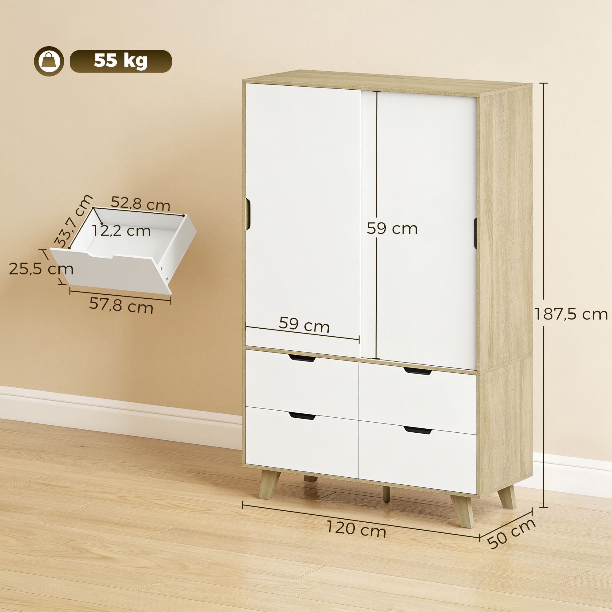 Armario Dormitorio Moderno con Puertas Correderas, Armario Ropero con Barra para Colgar, Estantes Ajustables y 4 Cajones, 120x50x187,5 cm, para Salón, Entrada, Roble y Blanco