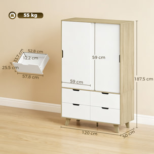 Armario Dormitorio Moderno con Puertas Correderas, Armario Ropero con Barra para Colgar, Estantes Ajustables y 4 Cajones, 120x50x187,5 cm, para Salón, Entrada, Roble y Blanco