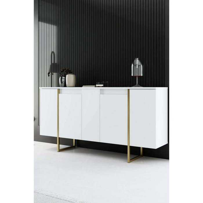 Credenza Arta, Buffet da soggiorno, Madia da salotto, Dispensa da cucina, 160x35h80 cm, Bianco e Oro