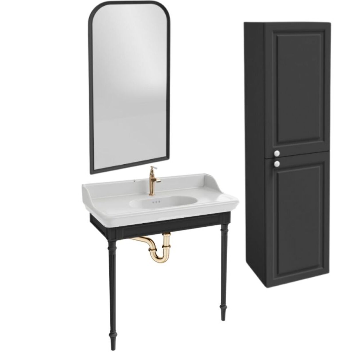 Console Cléo 1889 avec plan vasque + colonne droite + miroir + robinet lavabo or + siphon or