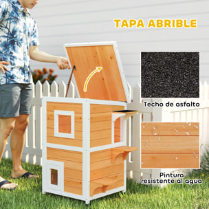 Caseta para Gatos de Madera Exterior, Casa para Gatos de 2 Niveles con Techo Abatible, Panel Central Extraíble, Ventanas, Puertas, para Terraza, Balcón, Jardín, 51x51x81,3 cm, Natural y Blanco
