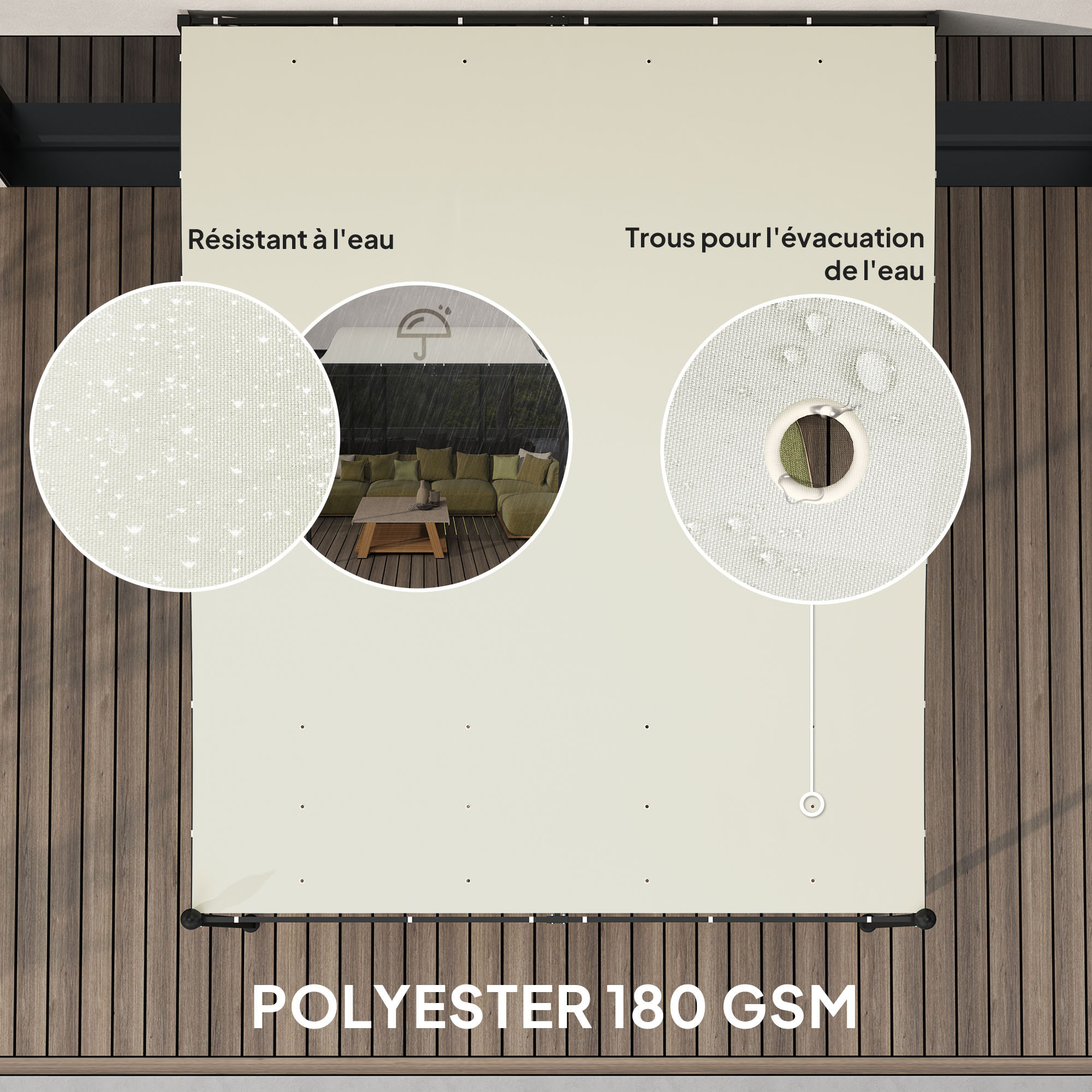 Pergola tonnelle de jardin auvent 3 x 2,5 m adossable métal noir polyester blanc cassé