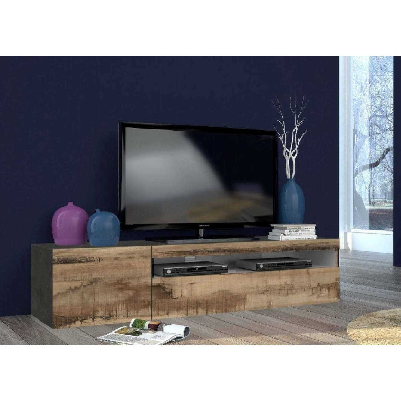 Mobile da soggiorno Porta TV , Made in Italy, Supporto per TV da salotto 2 ante, cm 150x40h37, colore Grigio Ardesia e Acero