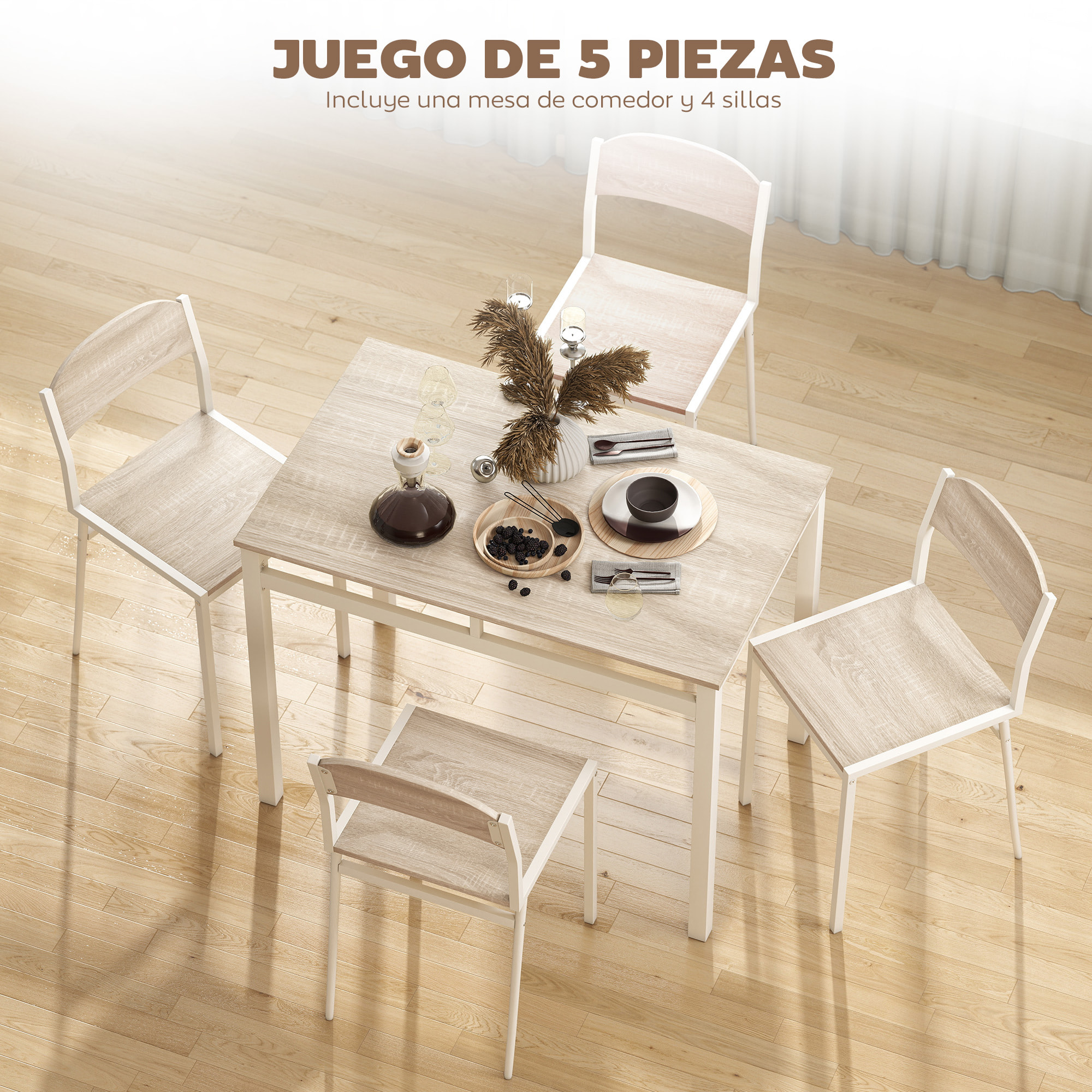 Juego de Mesa y Sillas de Comedor, Mesa de Cocina Redonda con 4 Sillas, Estilo Moderno, Marco Metálico, para Espacios Pequeños, Salón, Roble y Blanco