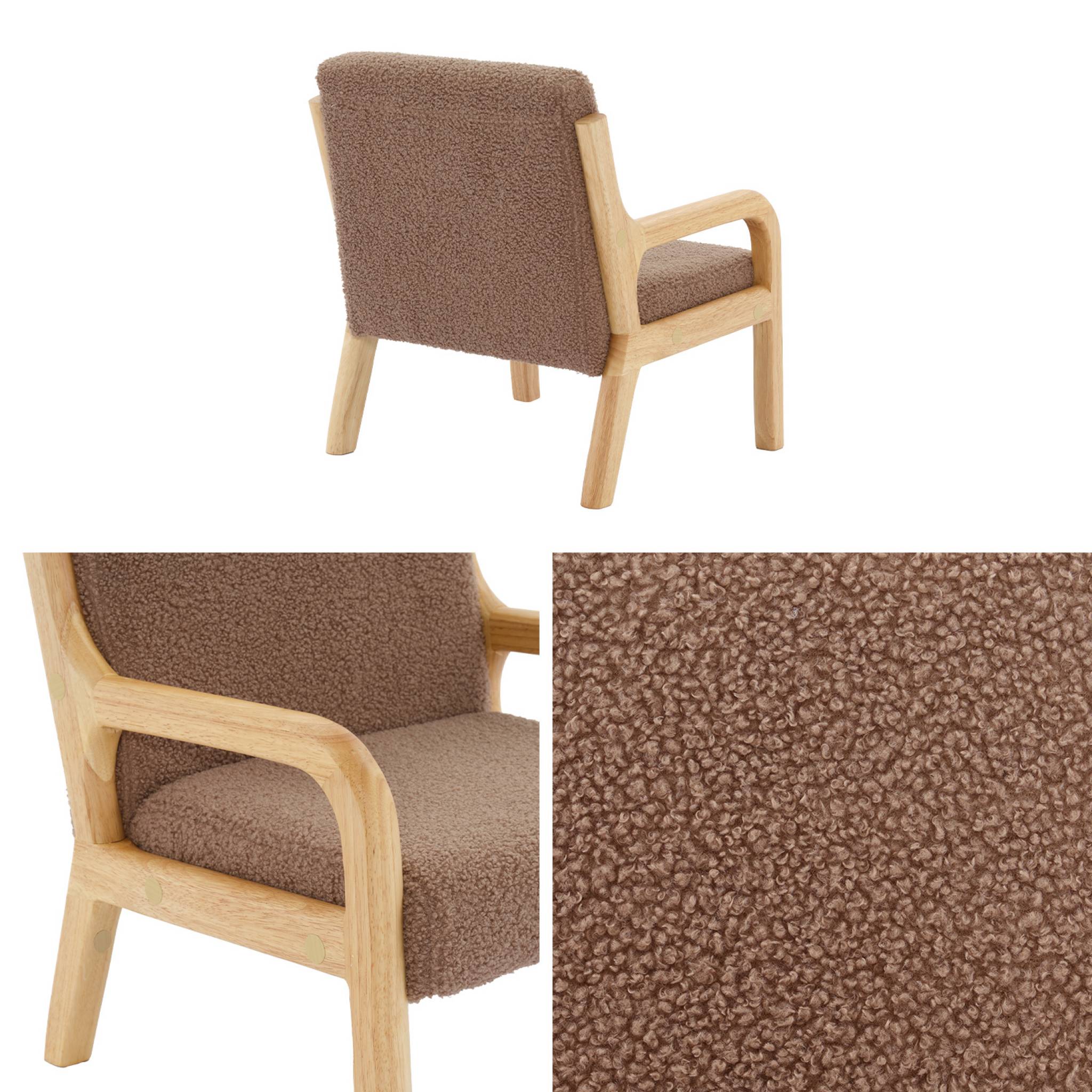 Fauteuil scandinave enfant en bois et tissu bouclette marron