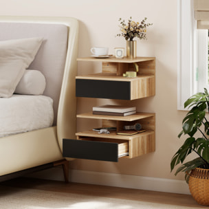 Juego de 2 Mesitas de Noche Flotantes con Cajón, Mesillas de Noche Dormitorio, Montado en la Pared, Estilo Moderno, para Sala de Estar, 35x32x22,5 cm, Roble y Negro