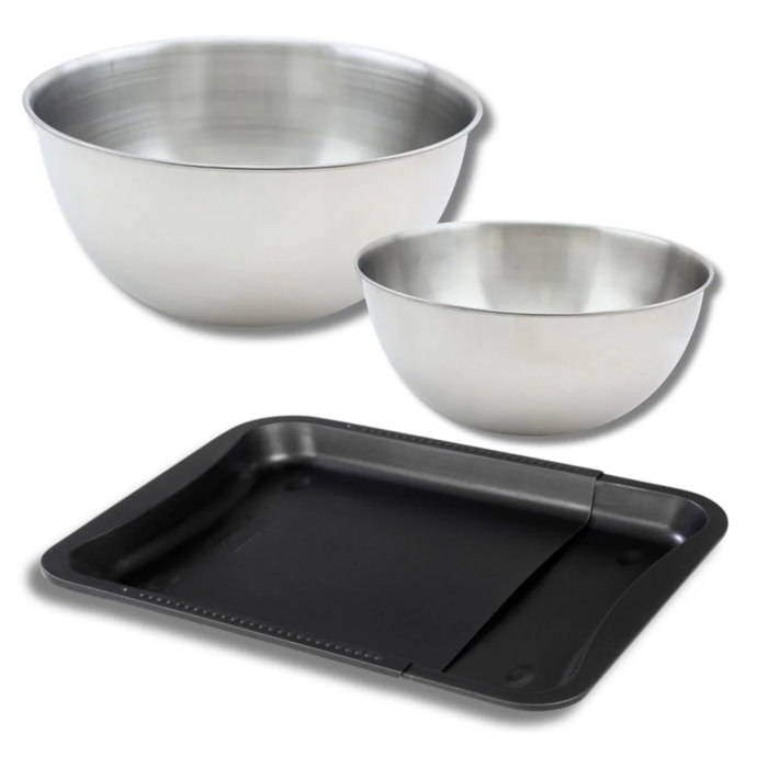 Ensemble comprenant 1 plaque de cuisson extensible, 1 spatule Zenker et 2 bols à mixer en inox Fackelmann