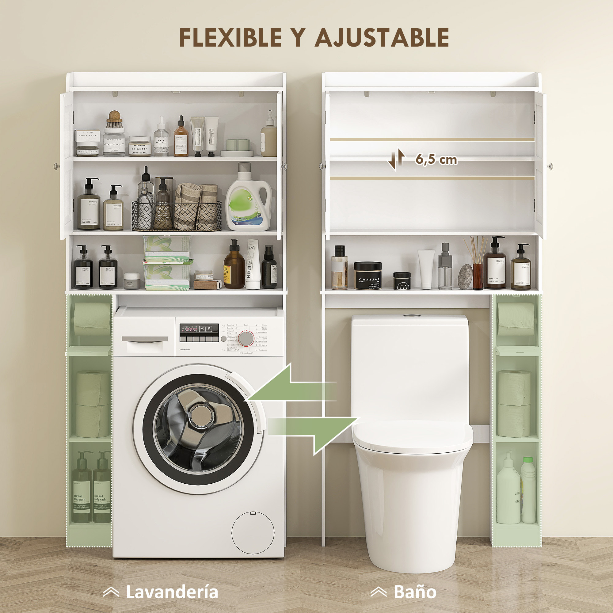 Estantería sobre Inodoro Mueble sobre Inodoro con Estante Ajustable 2 Puertas Soporte para Papel Higiénico y Estantes Abiertos Ahorra Espacio Armario para lavadora para Baño Blanco