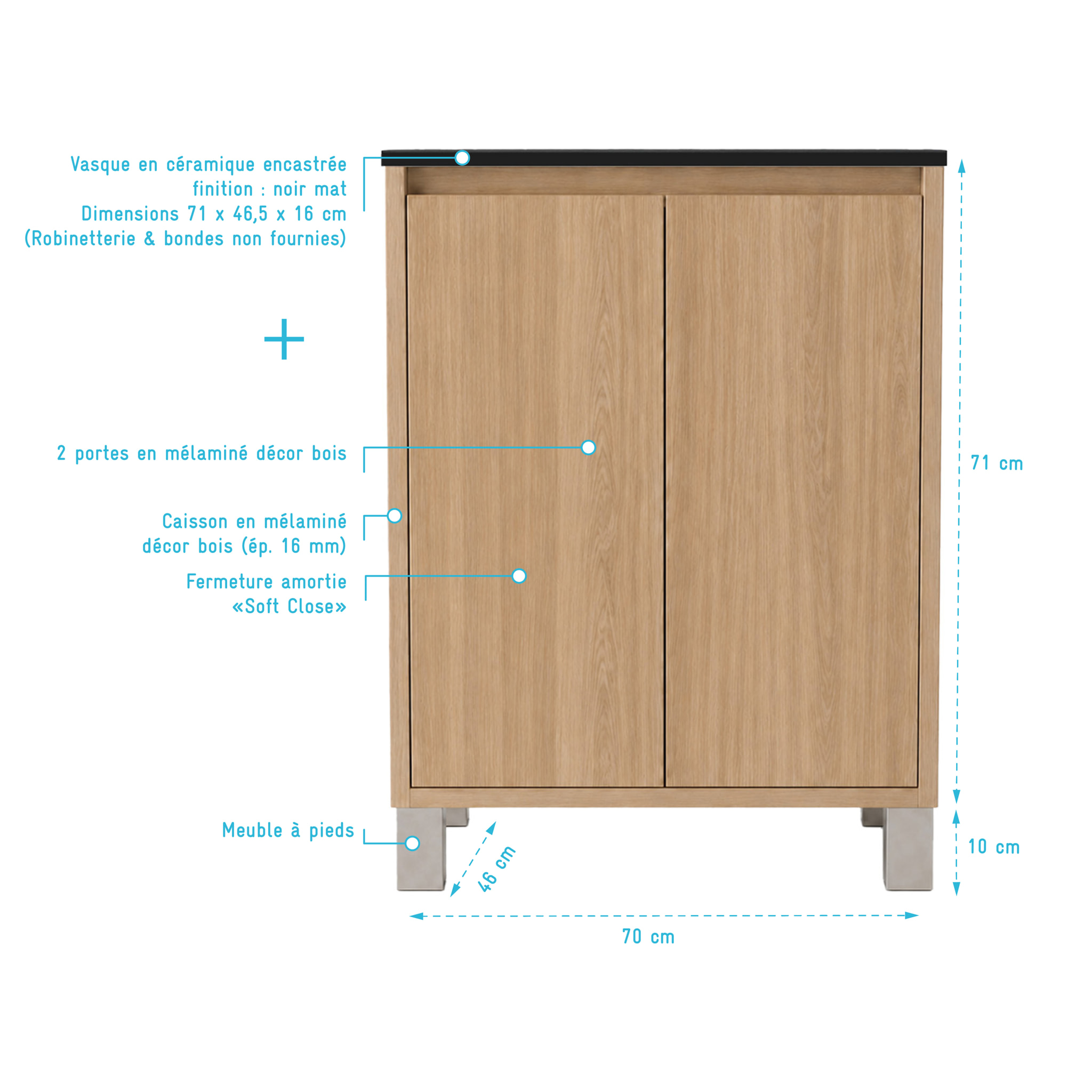 Pack Meuble Salle de Bains 70cm Chêne Clair 2 Portes avec Vasque Céramique Noire - XENOS
