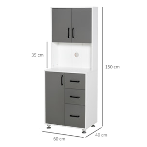 HOMCOM Armoire de cuisine multi-rangements 2 + 1 porte 3 tiroirs + grand plateau dim. 60L x 40l x 150H cm bicolore gris blanc