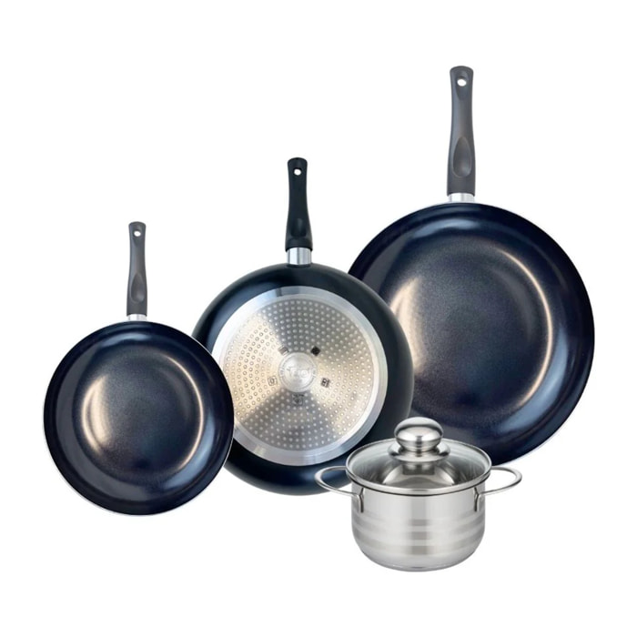 Ensemble de 3 Poêles de cuisson 20, 24 et 28 cm et 1 faitout 14 cm Elo Prima Brillant