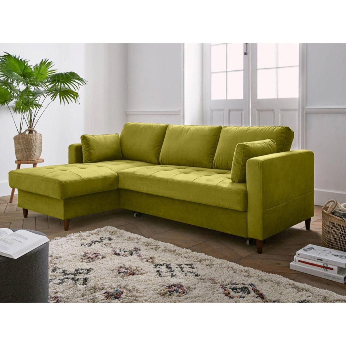 Anna - canapé d'angle gauche - 4 places - convertible avec coffre - en velours - Vert Olive