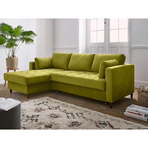 Anna - canapé d'angle gauche - 4 places - convertible avec coffre - en velours - Vert Olive