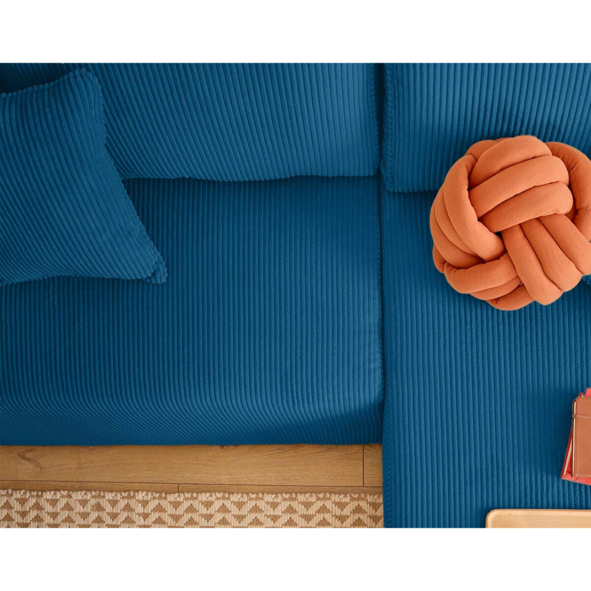 Topaze - canapé d'angle réversible 4 places - convertible avec coffre, tablette et poufs - en velours côtelé - Bleu