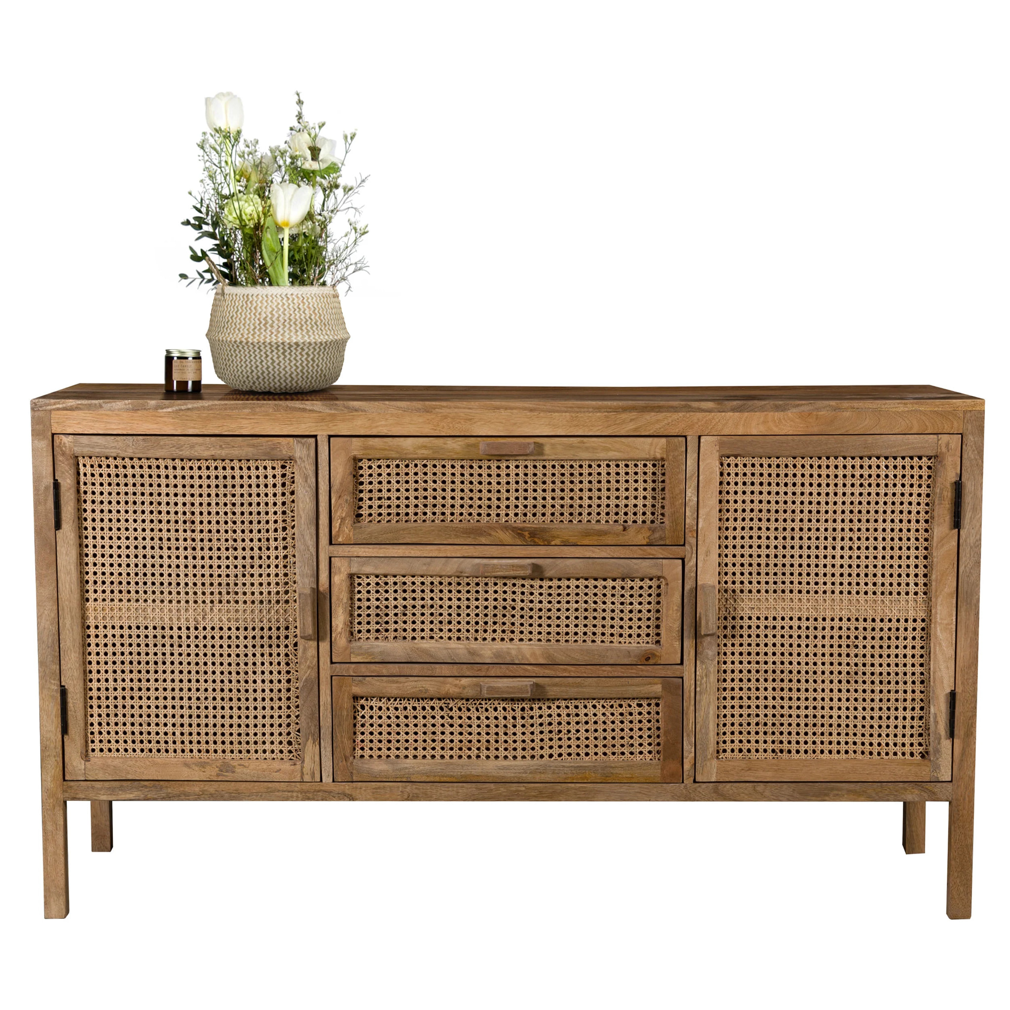 Buffet en cannage et bois 2 portes 3 tiroirs - Tiki