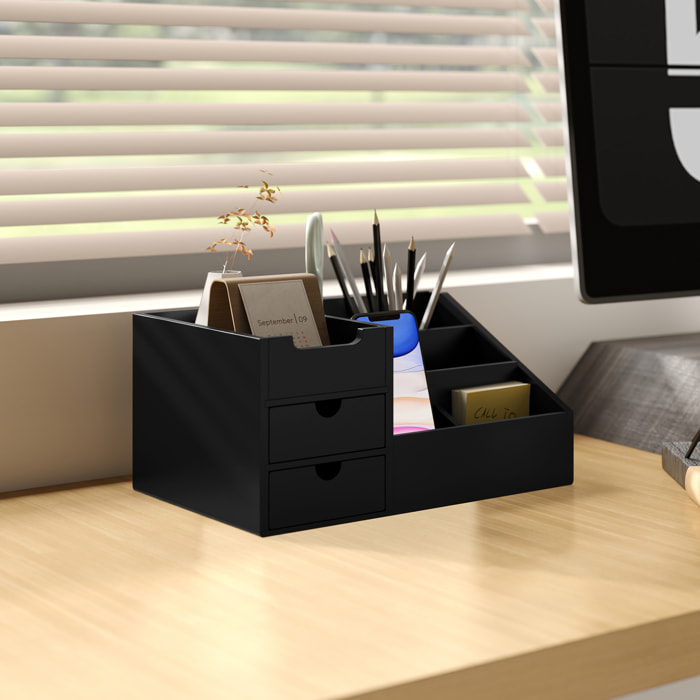 Organizador de Escritorio de Bambú Organizador de Mesa con 2 Cajones 6 Compartimentos y Estante para Oficina Hogar 33x20,5x15,5 cm Negro