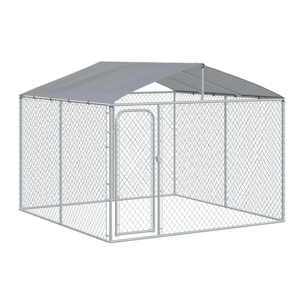 Perrera de Exterior con Toldo Jaula para Perros con 1 Puerta Anti-UV Impermeable y Marco de Acero para Jardín Patio 300x300x234 cm Plata