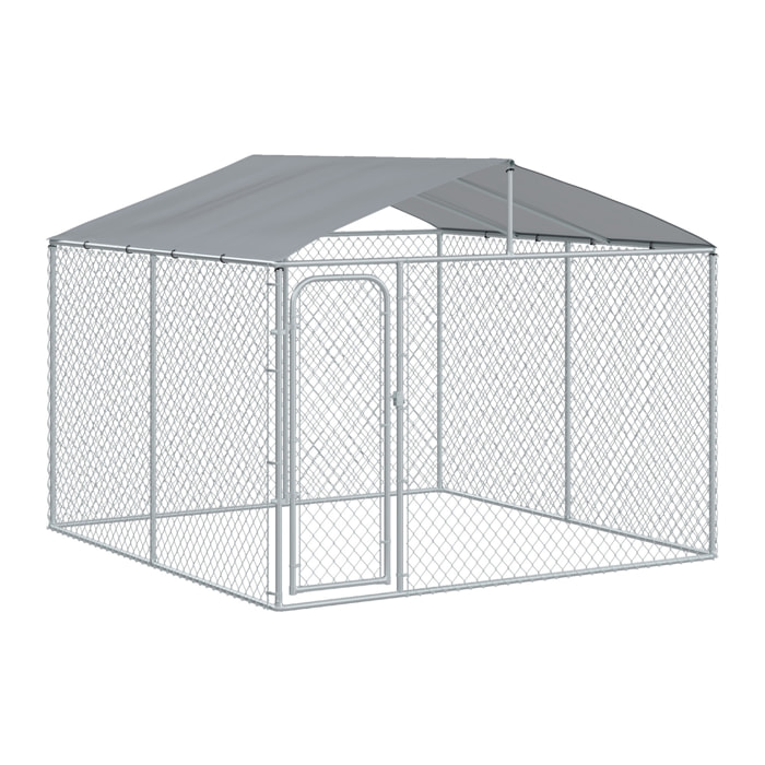 Perrera de Exterior con Toldo Jaula para Perros con 1 Puerta Anti-UV Impermeable y Marco de Acero para Jardín Patio 300x300x234 cm Plata