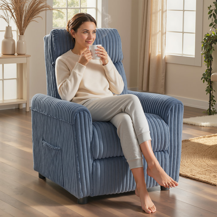 Sillón Relax Reclinable, Sillón Reclinable Manual, Tapizado en Pana, Instalación Rápida, Reposapiés, Acolchado Grueso, para Salón, Dormitorio, Oficina, Azul Oscuro