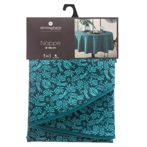 Nappe anti-tache "Meili" feuilles bleu canard D180cm
